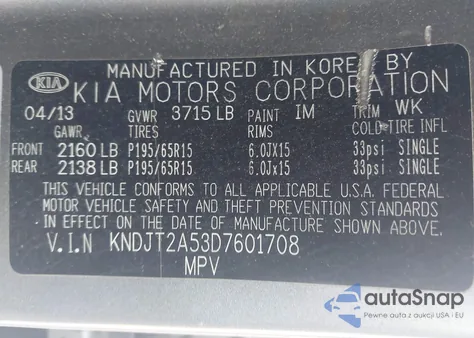 2013 Kia Soul из США, поврежденный, VIN KNDJT2A53D7601708